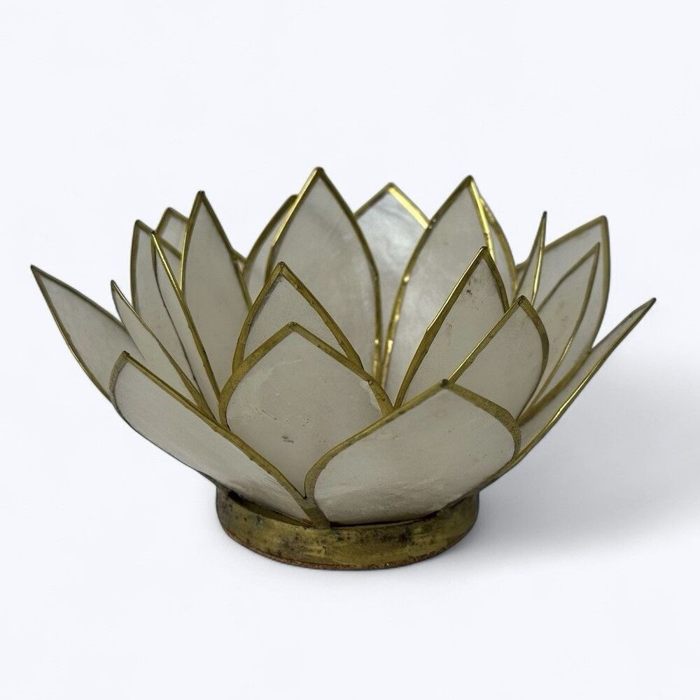 Capiz Shell Lotus Tealight Candle Holder‎ Cork Bottom Brass Trim Delicate